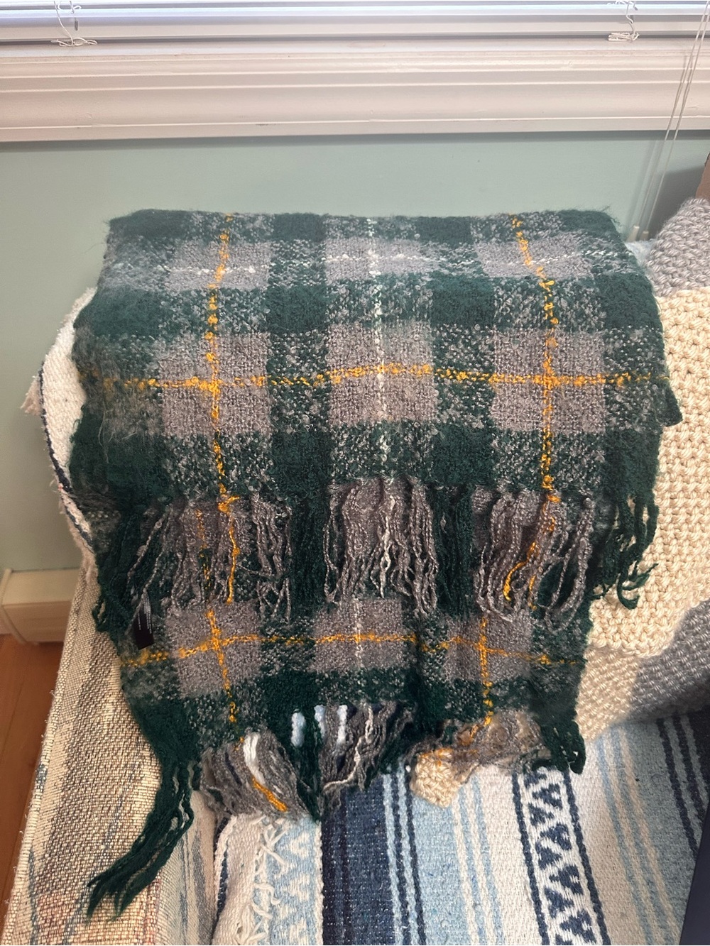 Cozy Green Plaid Fringed Blanket Scarf